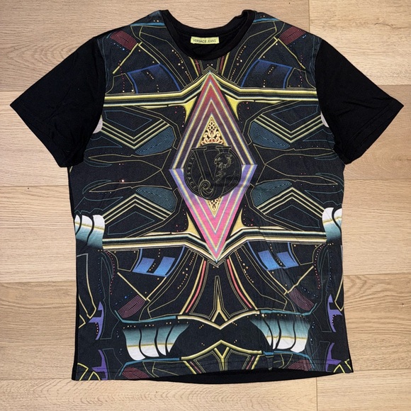 Versace Futuristic Print Multicolor Rhinestone T-Shirt Rare - Picture 1 of 8